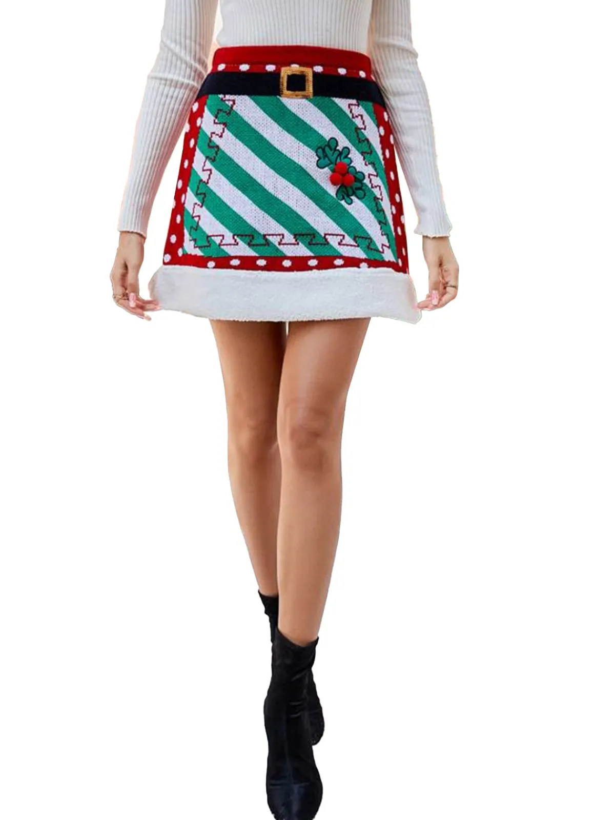 Sale Retro Stage 1950s Christmas Polka Dots Knit Skirt Red