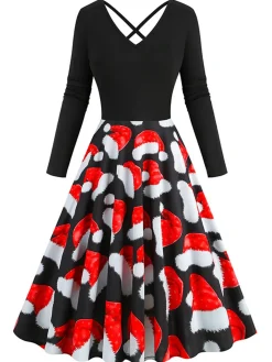Outlet Retro Stage 1950s Christmas Santa Hat Patchwork Dress Red