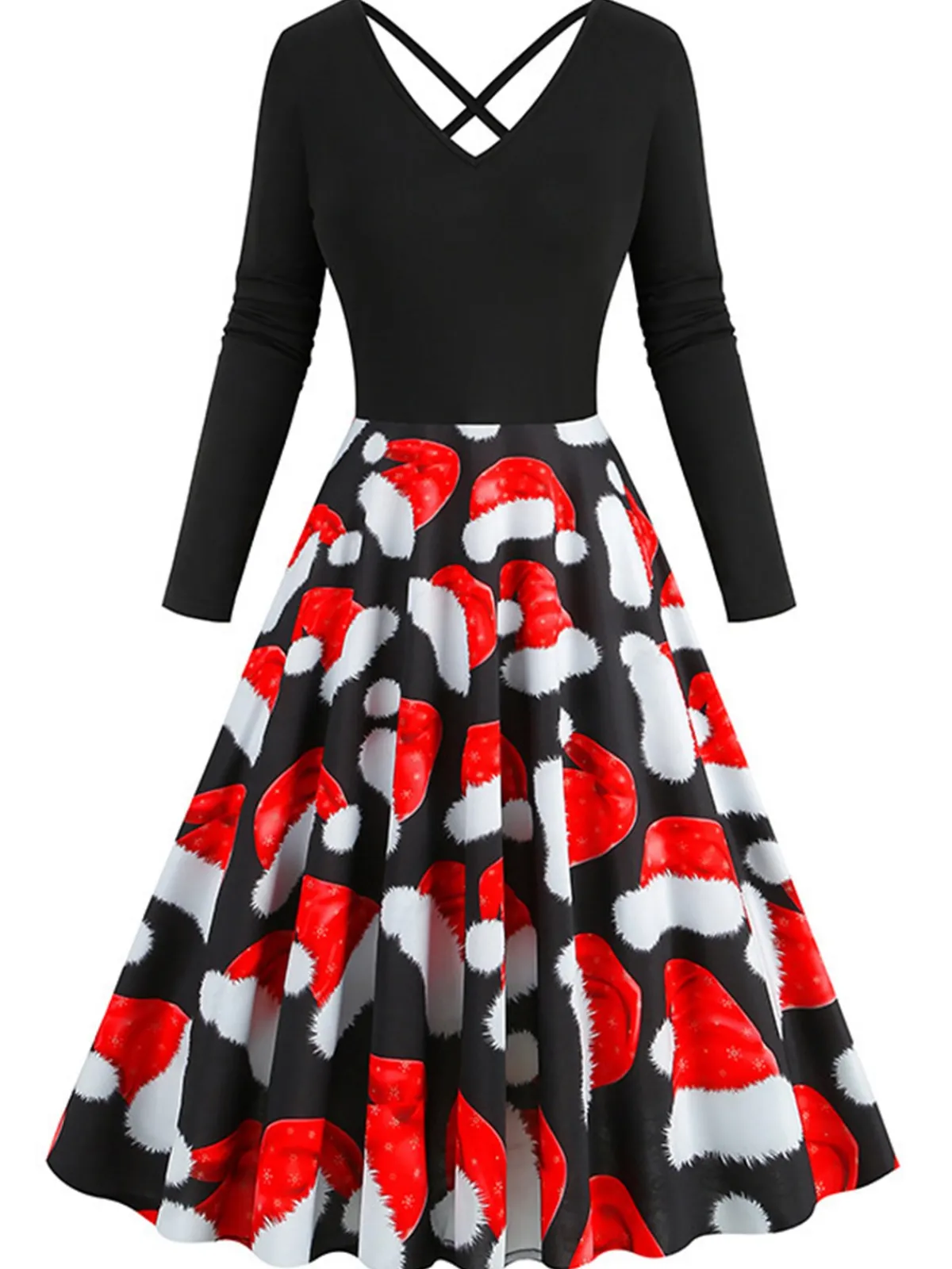 Outlet Retro Stage 1950s Christmas Santa Hat Patchwork Dress Red