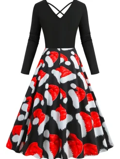 Outlet Retro Stage 1950s Christmas Santa Hat Patchwork Dress Red