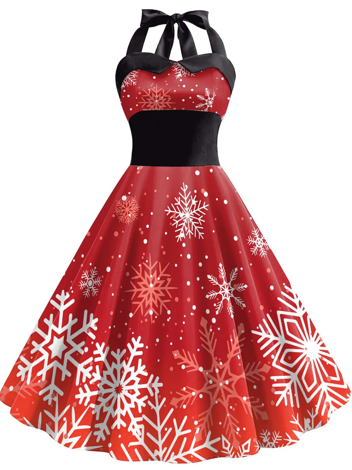 Clearance Retro Stage 1950s Christmas Snowflake Halter Dress Red