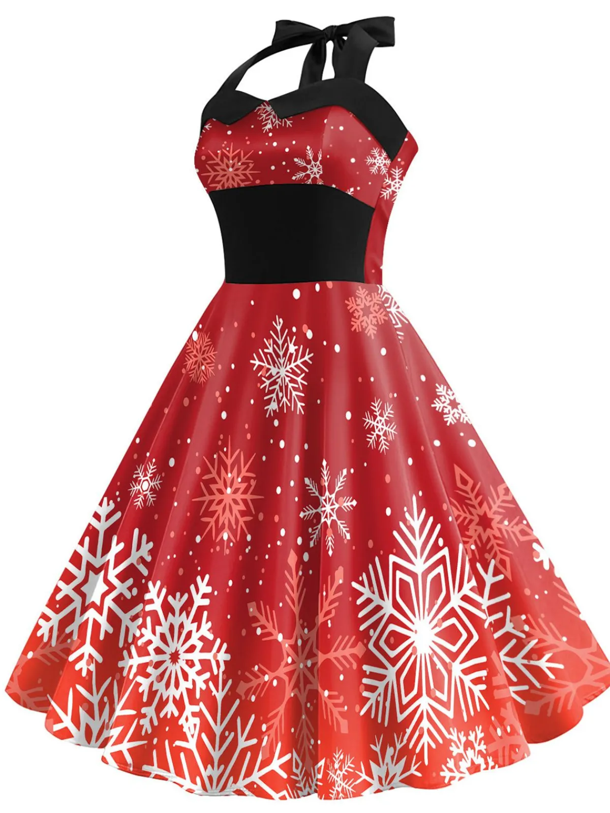 Clearance Retro Stage 1950s Christmas Snowflake Halter Dress Red