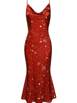 Hot Retro Stage 1930s Christmas Strap Snowflake Mermaid Dress Red