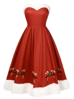 Online Retro Stage Red 1950s Christmas Strapless Bow Fur Trim Dress True Red