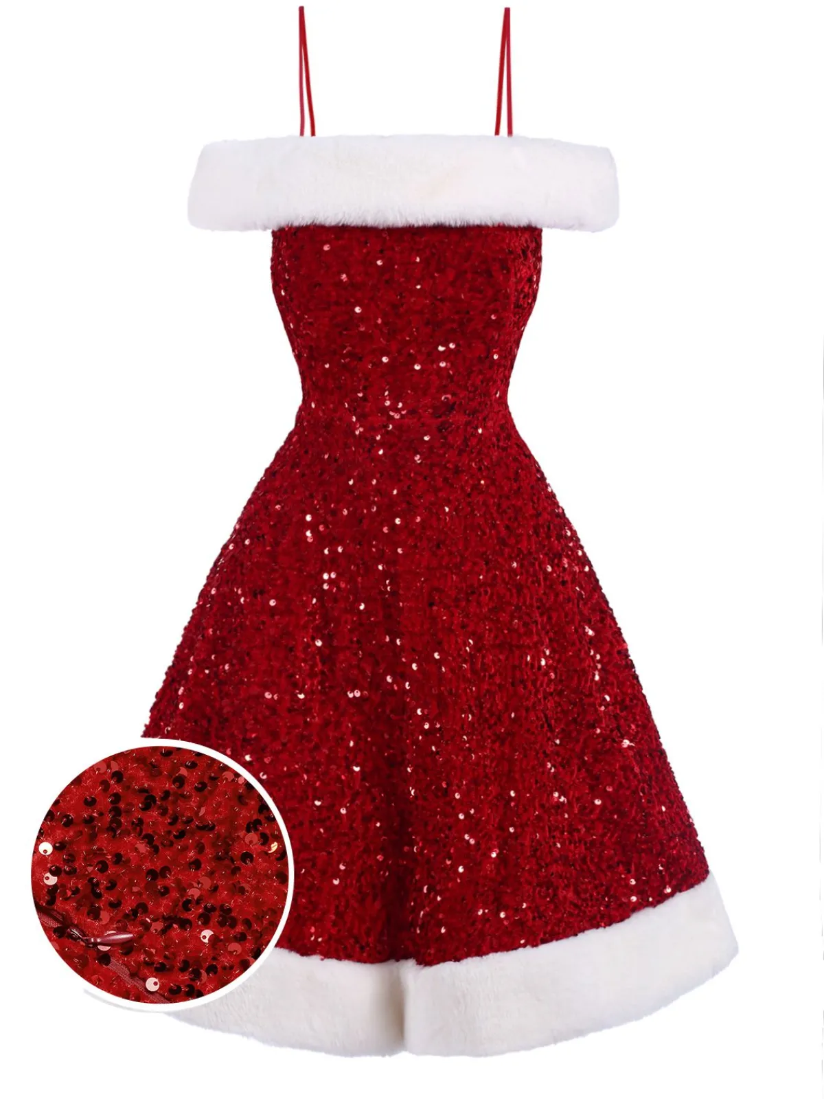 Online Retro Stage 1950s Cold-Shoulder Furry Sequined Dress Red