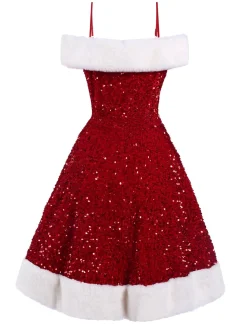 Online Retro Stage 1950s Cold-Shoulder Furry Sequined Dress Red