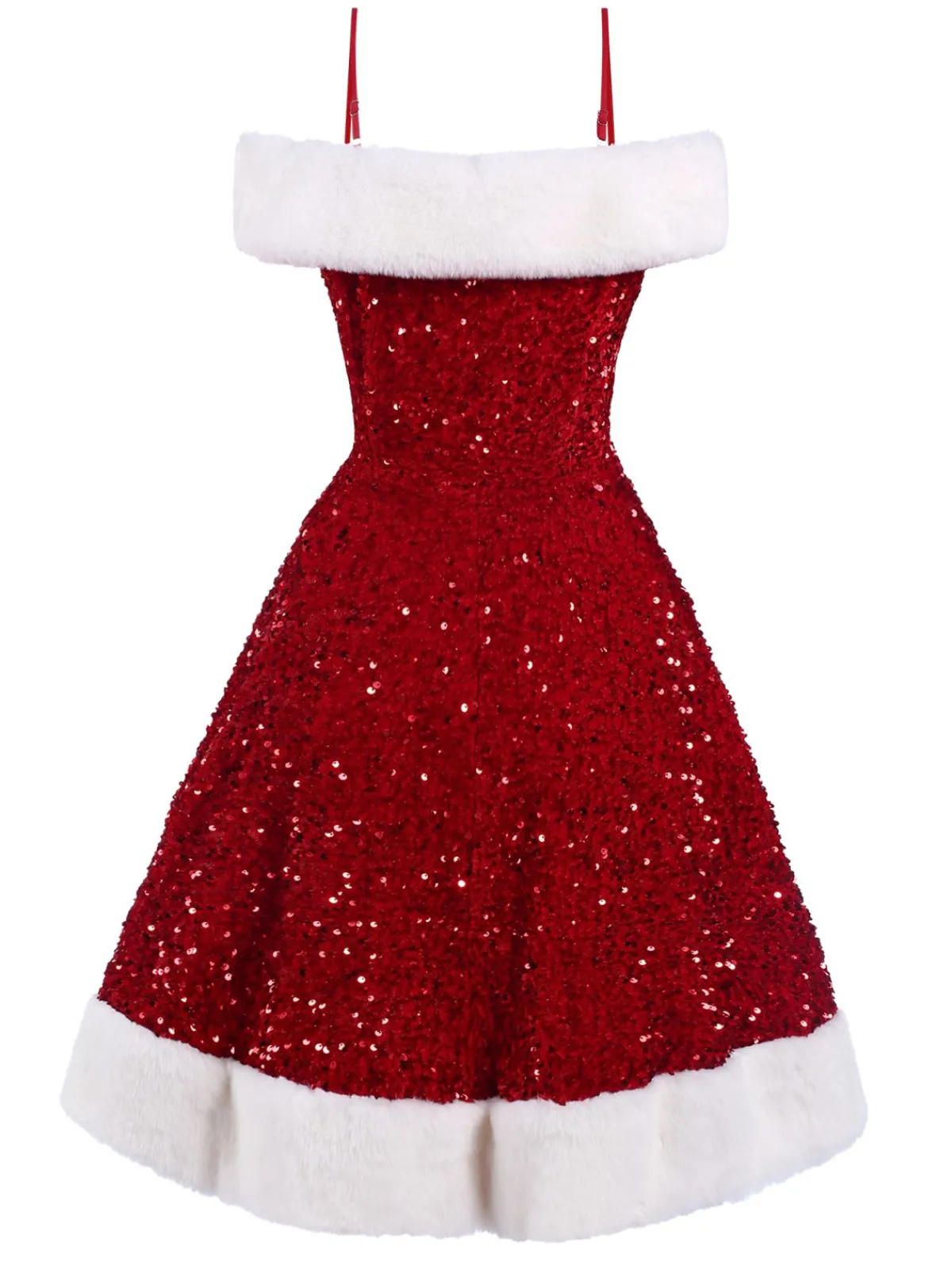 Online Retro Stage 1950s Cold-Shoulder Furry Sequined Dress Red