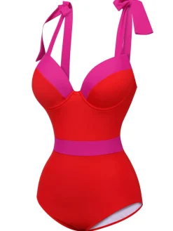 Clearance Retro Stage 1950s Colorblock Shoulder Tie-Up Swimsuit Red