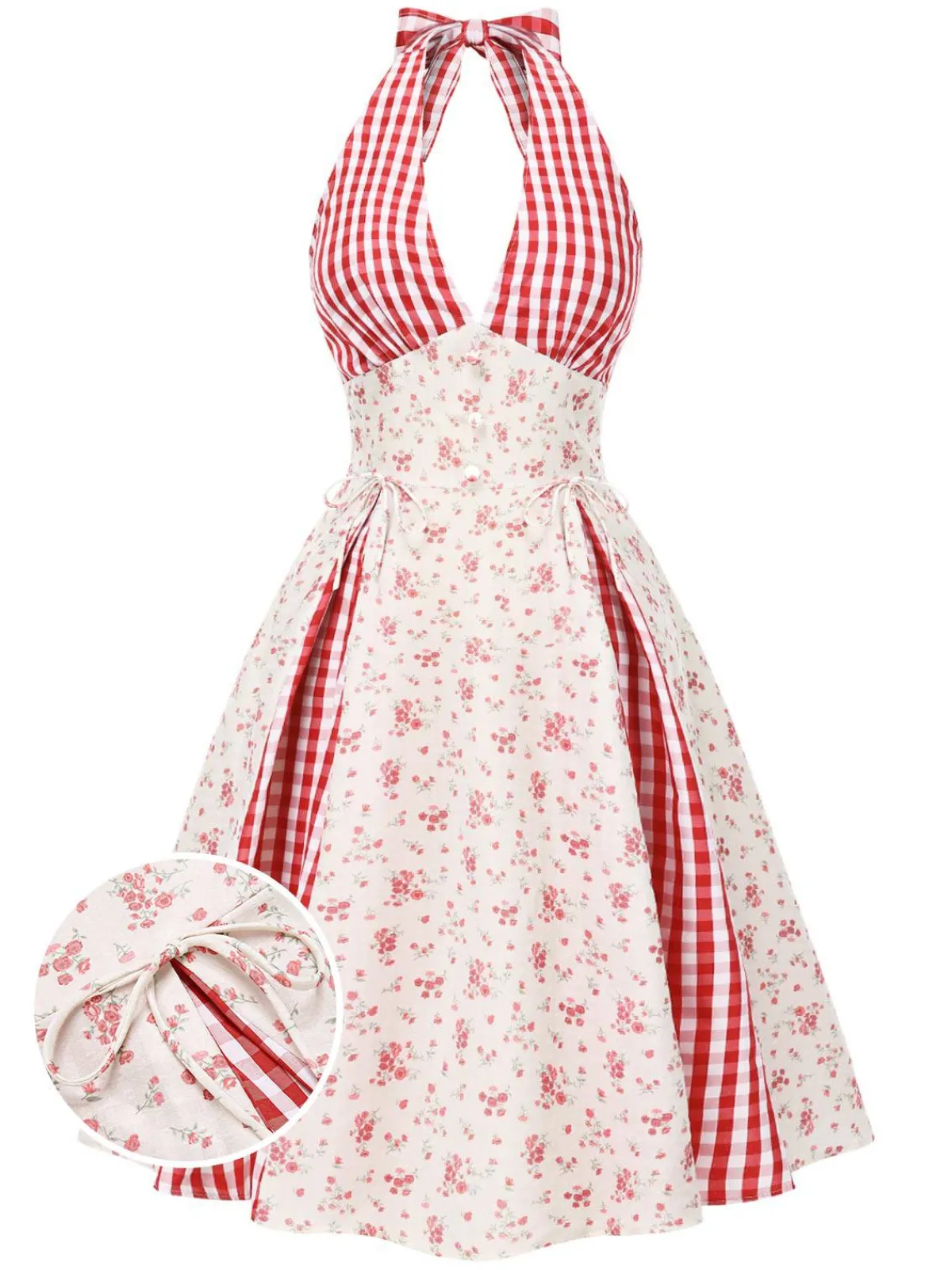 Discount Retro Stage 1950s Countryside Floral Plaid Halter Dress Red
