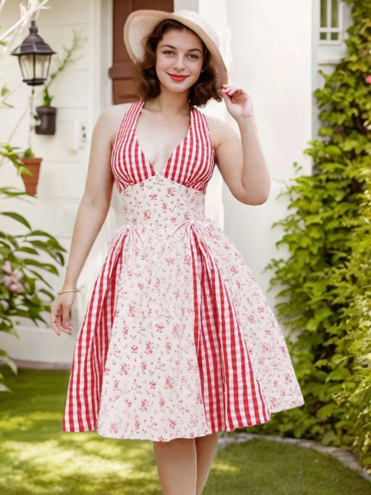 Discount Retro Stage 1950s Countryside Floral Plaid Halter Dress Red
