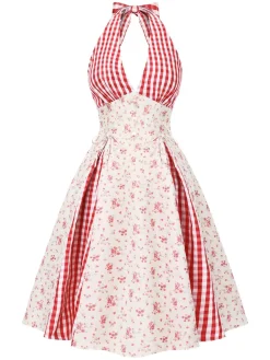 Discount Retro Stage 1950s Countryside Floral Plaid Halter Dress Red