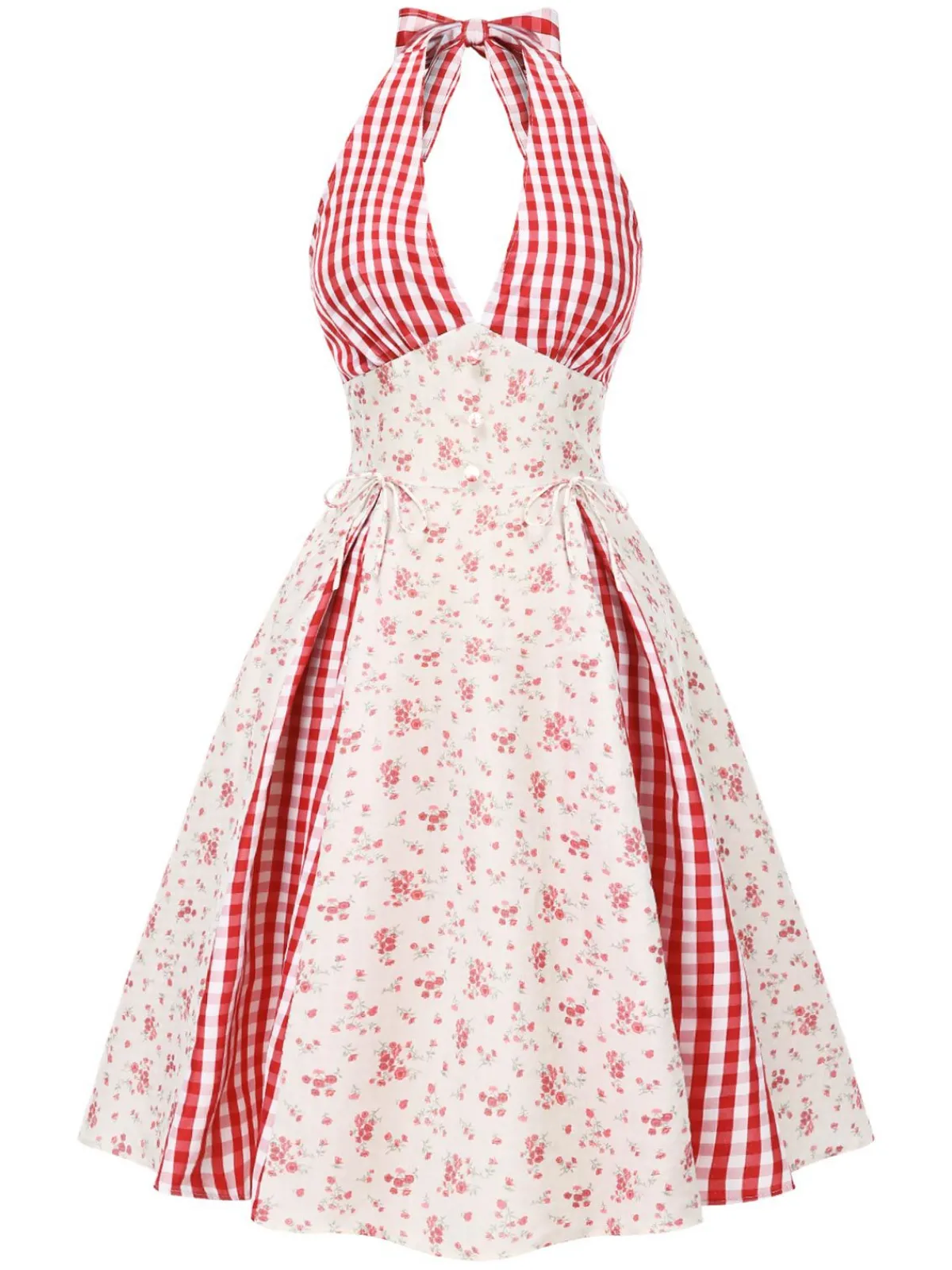 Discount Retro Stage 1950s Countryside Floral Plaid Halter Dress Red