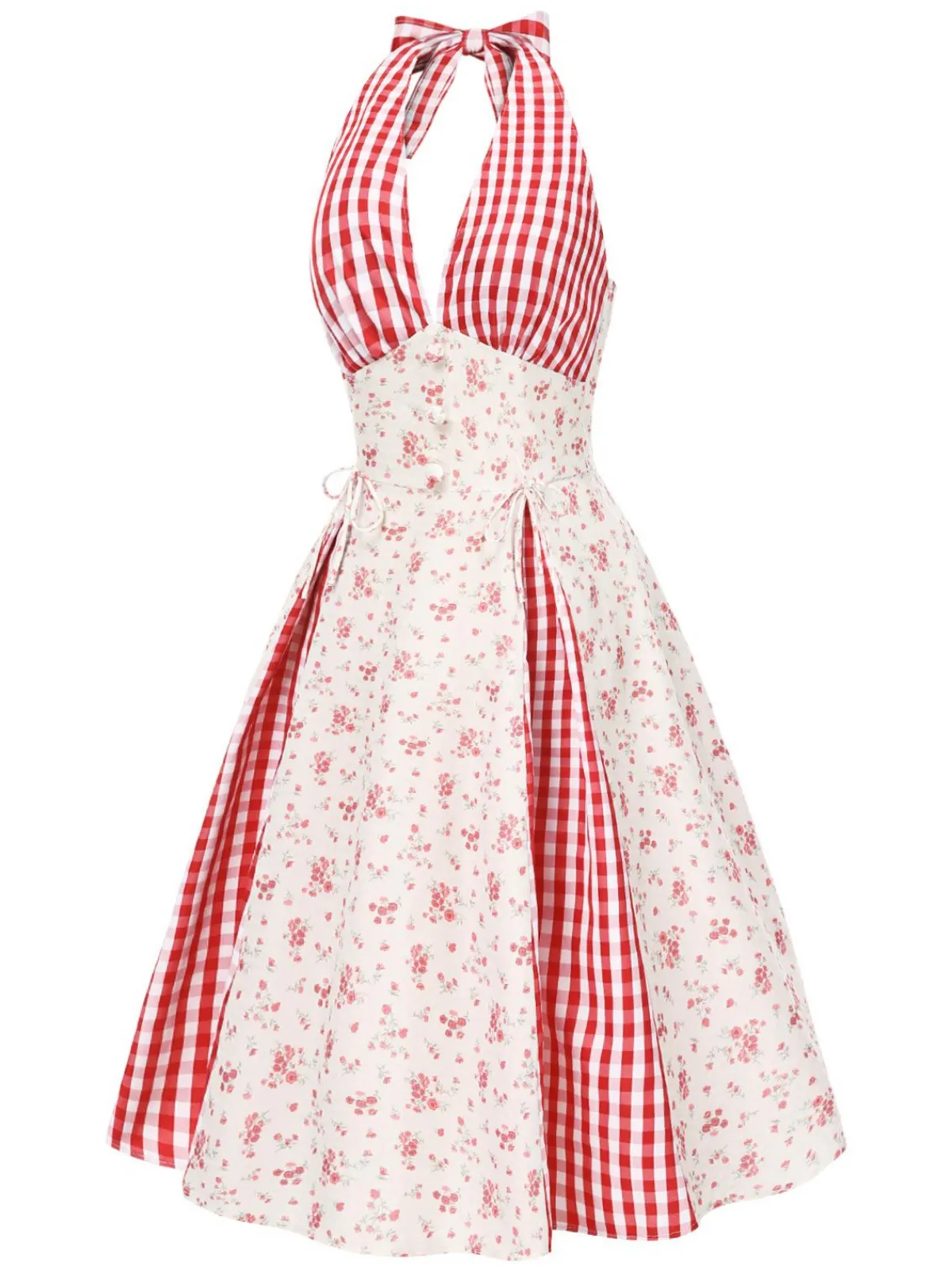 Discount Retro Stage 1950s Countryside Floral Plaid Halter Dress Red