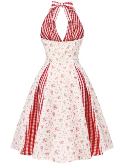 Discount Retro Stage 1950s Countryside Floral Plaid Halter Dress Red
