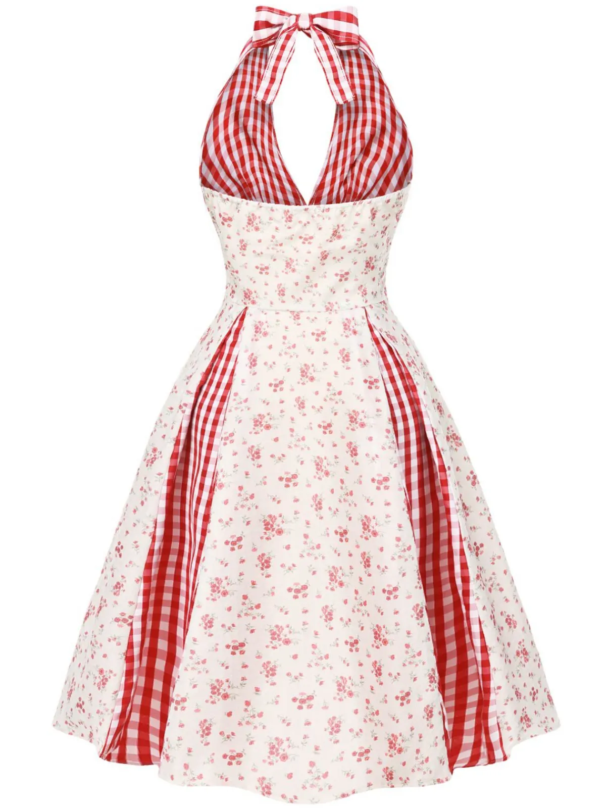 Discount Retro Stage 1950s Countryside Floral Plaid Halter Dress Red