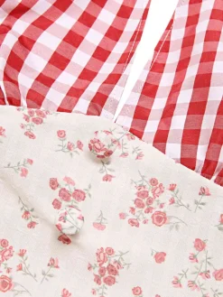 Discount Retro Stage 1950s Countryside Floral Plaid Halter Dress Red