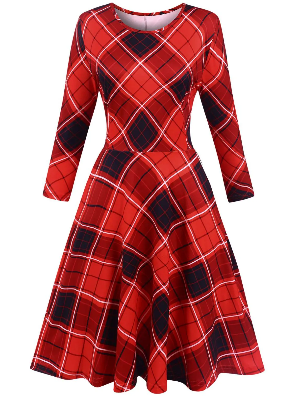 Outlet Retro Stage 1950s Crew Neck Plaid Half Sleeve Dress Red