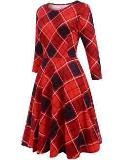 Outlet Retro Stage 1950s Crew Neck Plaid Half Sleeve Dress Red
