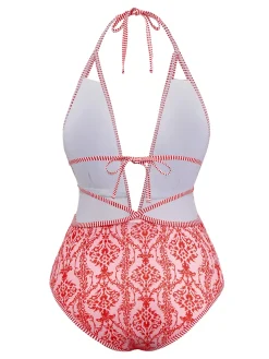Discount Retro Stage 1970s Deep V-Neck Halter Baroque Prints Swimsuit Red
