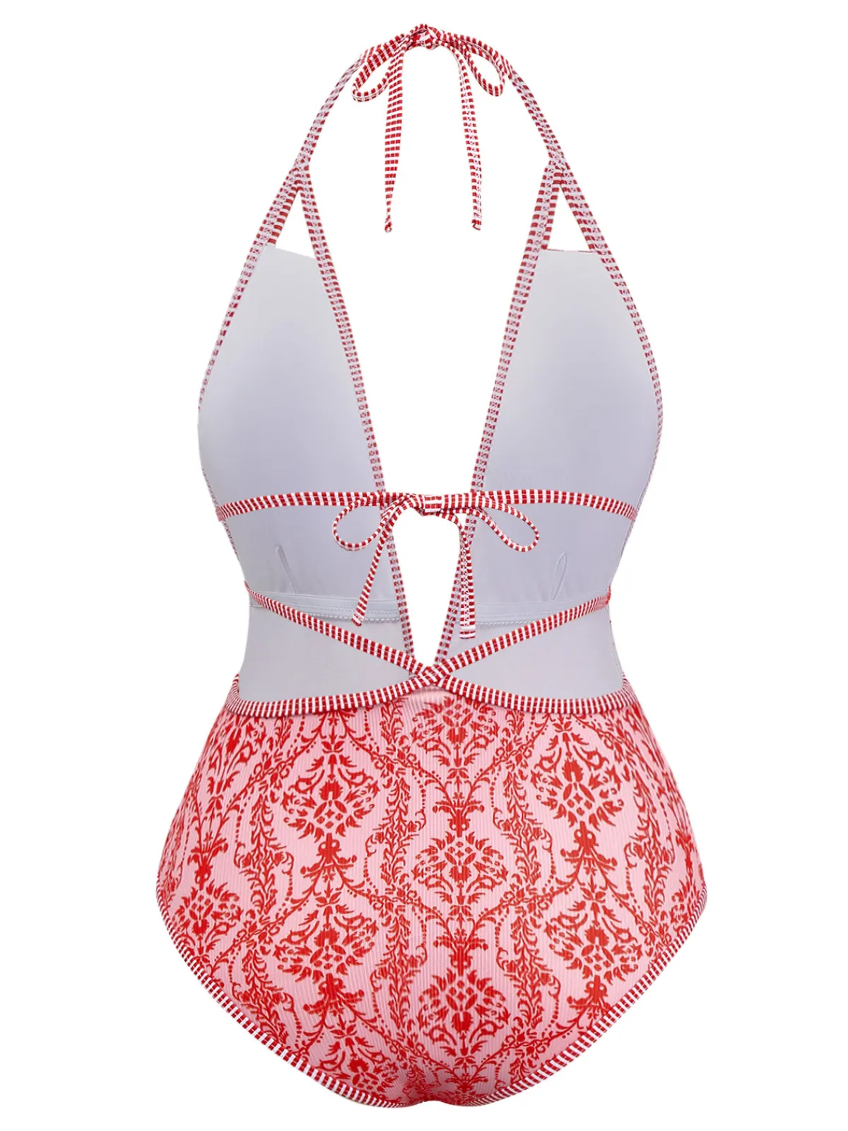 Discount Retro Stage 1970s Deep V-Neck Halter Baroque Prints Swimsuit Red