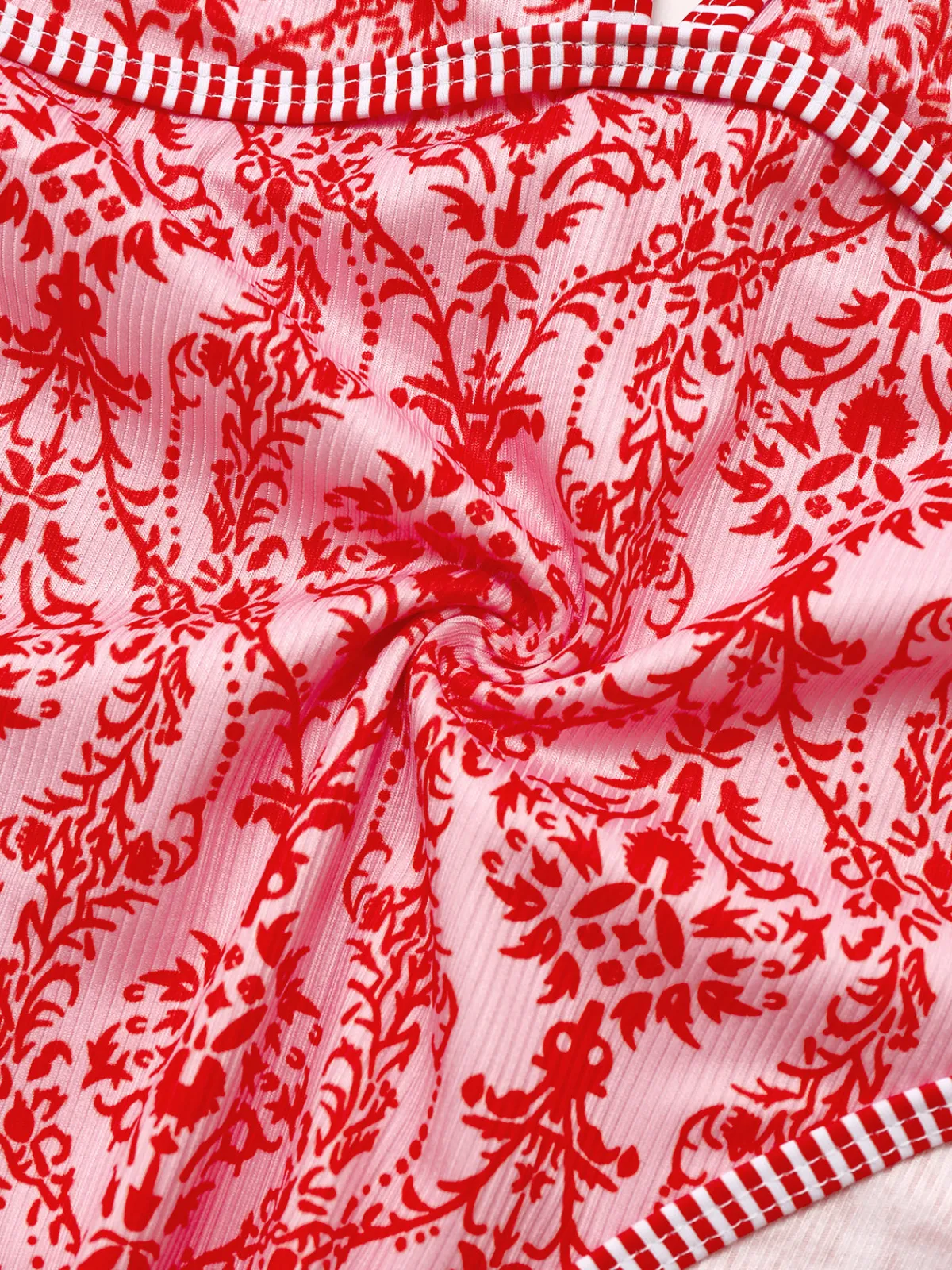 Discount Retro Stage 1970s Deep V-Neck Halter Baroque Prints Swimsuit Red