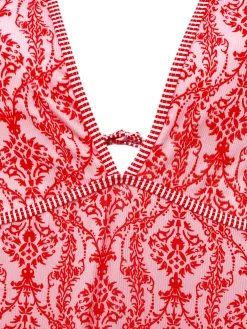Discount Retro Stage 1970s Deep V-Neck Halter Baroque Prints Swimsuit Red