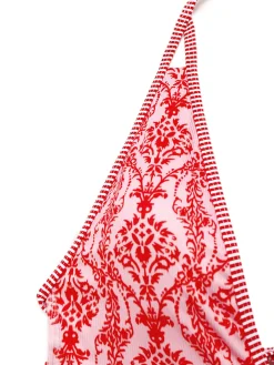 Discount Retro Stage 1970s Deep V-Neck Halter Baroque Prints Swimsuit Red