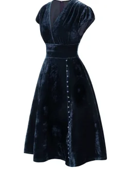 Fashion Retro Stage Red 1940s Deep V-Neck Pearl Velvet Dress