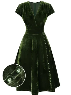 Fashion Retro Stage Red 1940s Deep V-Neck Pearl Velvet Dress