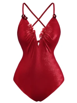 Fashion Retro Stage 1960s Deep-V Glitter 3D Floral One-Piece Swimsuit Red