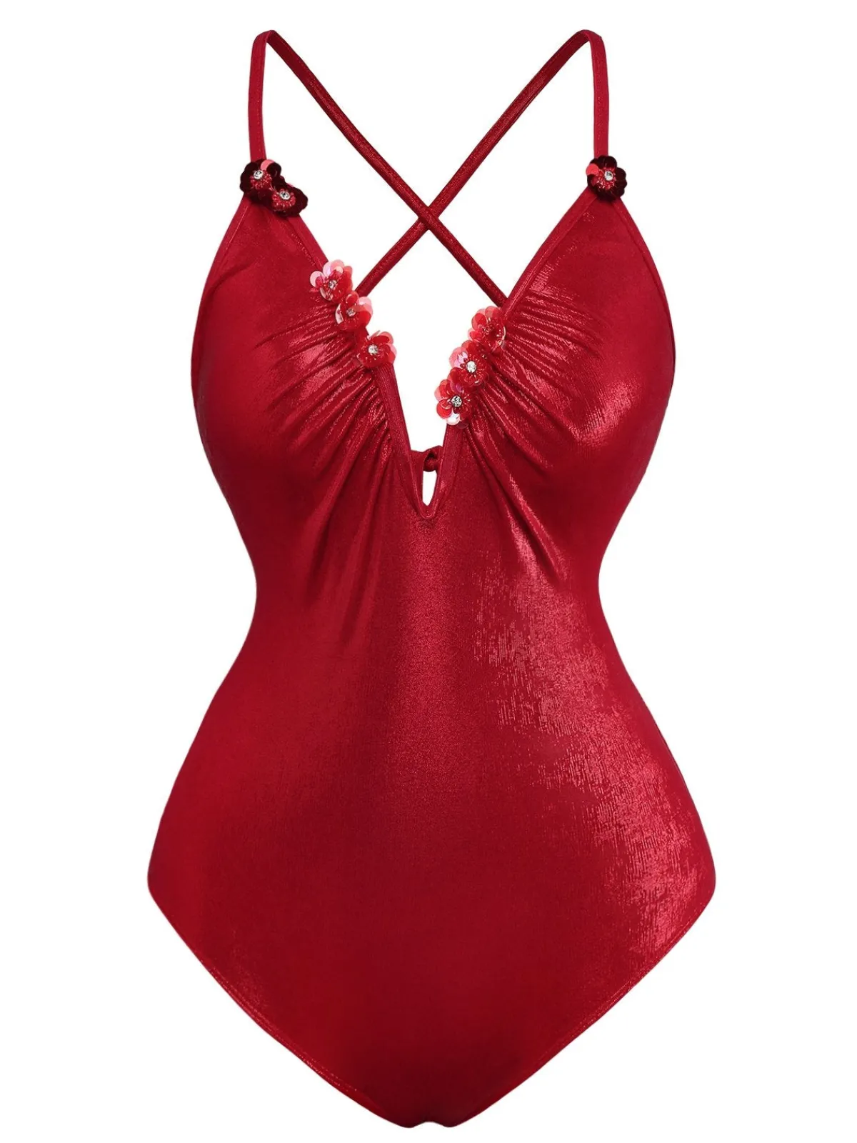 Fashion Retro Stage 1960s Deep-V Glitter 3D Floral One-Piece Swimsuit Red