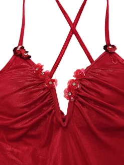 Fashion Retro Stage 1960s Deep-V Glitter 3D Floral One-Piece Swimsuit Red