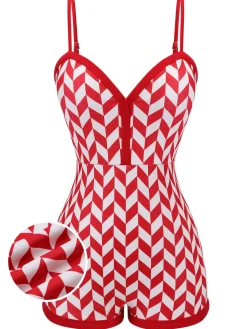 Clearance Retro Stage 1950s Diamond Plaid Heart Collar Swimsuit Red