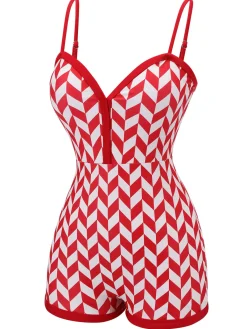 Clearance Retro Stage 1950s Diamond Plaid Heart Collar Swimsuit Red