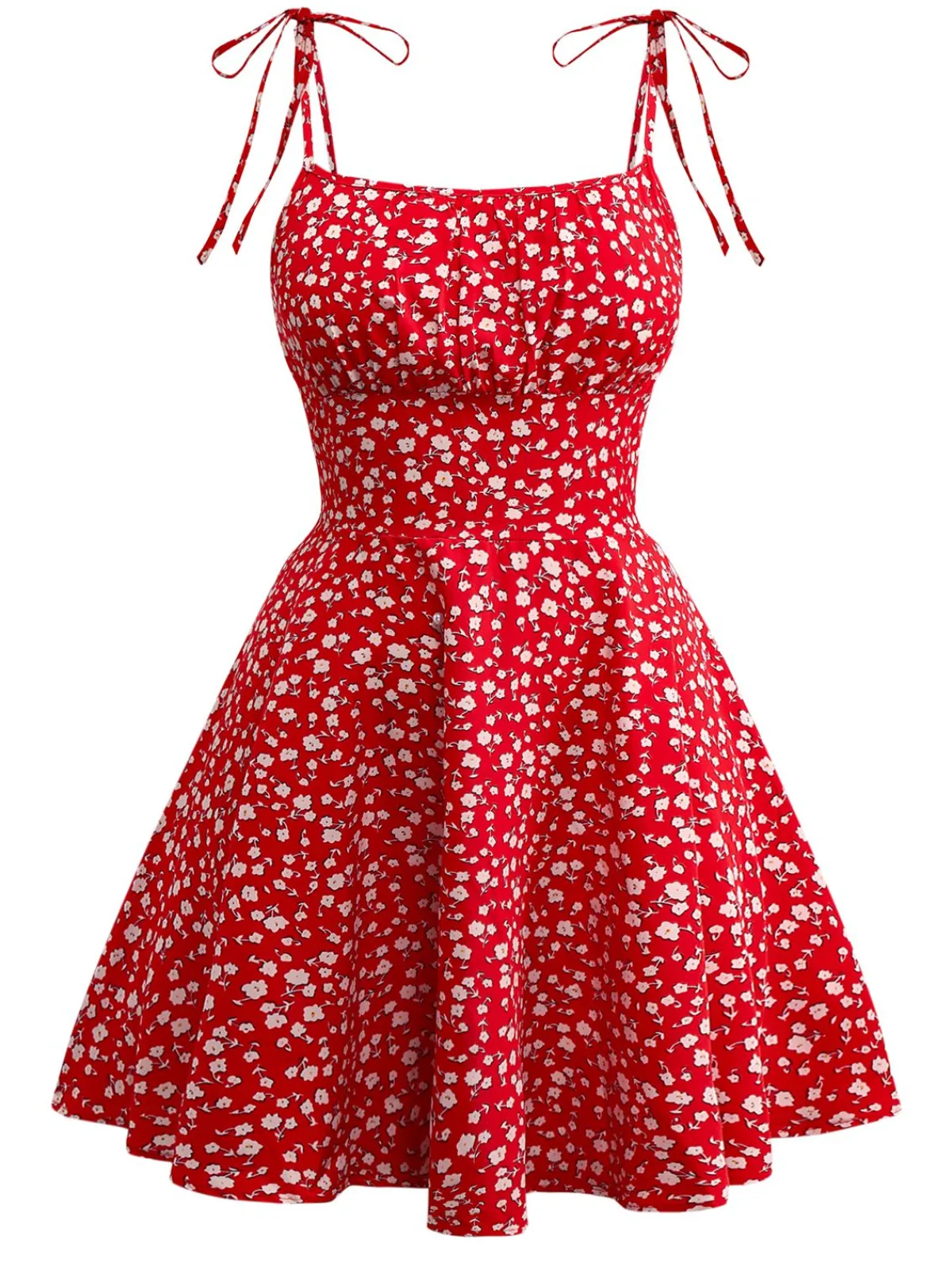 Hot Retro Stage 1960s Ditsy Floral Lace-Up Mini Dress Red