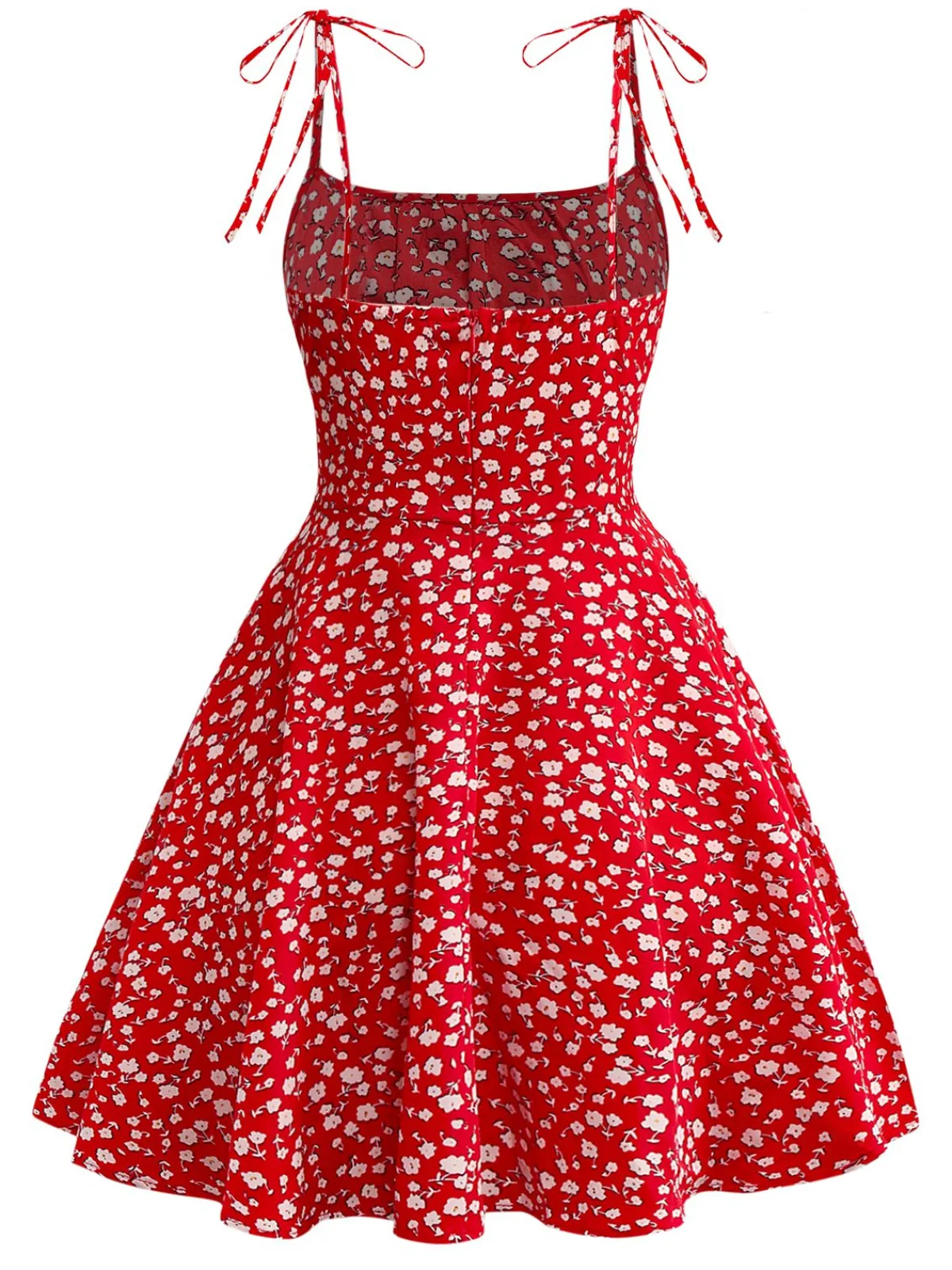 Hot Retro Stage 1960s Ditsy Floral Lace-Up Mini Dress Red