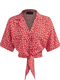 Sale Retro Stage 1950s Ditsy Floral Lapel Bow Top Red