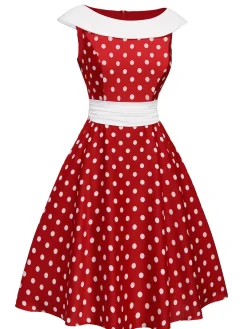 Fashion Retro Stage 1950s Dots Patchwork Swing Dress Red