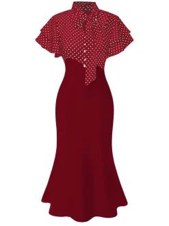 Outlet Retro Stage Red 1930s Dots Tie Neck Mermaid Dress
