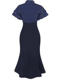Outlet Retro Stage Red 1930s Dots Tie Neck Mermaid Dress
