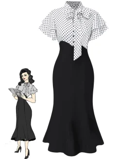 Outlet Retro Stage Red 1930s Dots Tie Neck Mermaid Dress
