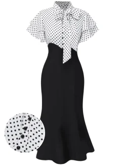 Outlet Retro Stage Red 1930s Dots Tie Neck Mermaid Dress