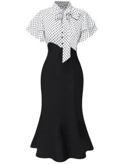 Outlet Retro Stage Red 1930s Dots Tie Neck Mermaid Dress