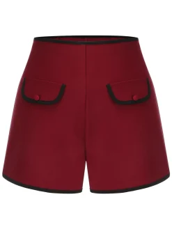 Fashion Retro Stage Red 1950s Elastic Waist Solid Shorts Wine Red