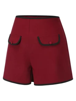 Fashion Retro Stage Red 1950s Elastic Waist Solid Shorts Wine Red