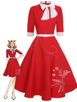 Discount Retro Stage 1950s Elk Bow Patchwork Belt Dress Red