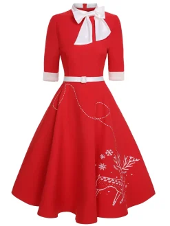Discount Retro Stage 1950s Elk Bow Patchwork Belt Dress Red