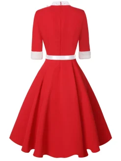 Discount Retro Stage 1950s Elk Bow Patchwork Belt Dress Red