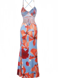 Sale Retro Stage 1930s Floral Backless Slip Maxi Dress Red