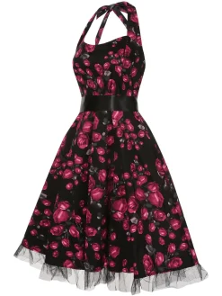 Outlet Retro Stage 1950s Floral Halter Lace Swing Dress Red